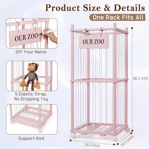 Stuffed Animal Storage Zoo, Wooden Stuffed Animal Organizer with Wheels | Stuffy Storage with Upgraded 5-Row Elastic Cords, Space-Saving Plush Toy Storage Holder for Playroom, Bedroom, Nursery - color: Pink, size: Small