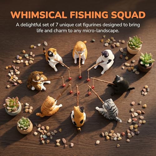 Cute Cat Fishing Figurines for Cat Fish Tank, 7PCS Mini Resin Cat Aquarium Decorations, Funny Fish Tank Decor, Small Aquarium Ornament, Miniature Garden Decor for Cat Lovers