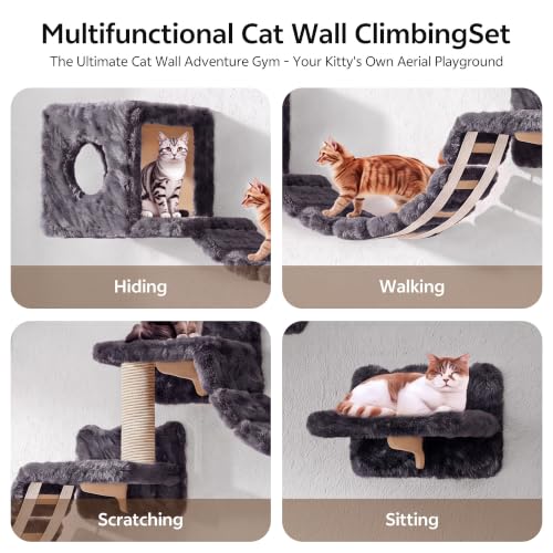 16-in-1 Cat Wall Shelves, Cat Furniture w/Tunnel & Bridge, Grey | Wall Mounted Cats Shelf Set with Plush Fabric, Cat Climbing Wall Systems for 16 Inch Drywall, with Scratching Posts, Condos - color: Grey, size: 16-in-1