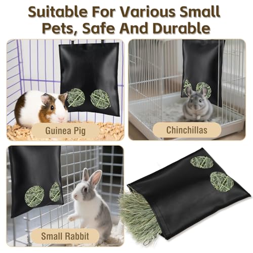 2Pcs Hanging Hay Feeder Bag for Guinea Pigs, Capacity of 0.35 Pounds of Hay, 11.8 x 9.8 Inch Bilayer Harmless Artificial Leather, 2-Hole Washable Hay Feeding Pouch for Small Rabbit, Chinchillas