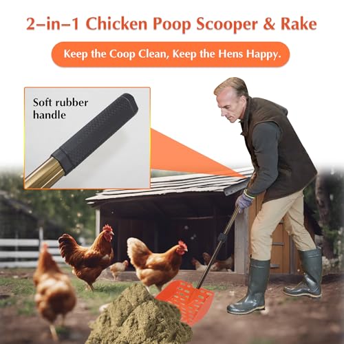 Chicken Dog Coop Poop Scooper & Rake 2-in-1 Telescopic Sifting Shovel | Litter Scoop - color: ORANGE