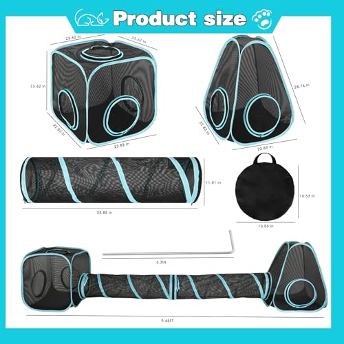 Outdoor Cat Enclosure, 9.45 ft Pop-Up Cat Tent with Tunnel Kit | 4-Piece Kit with 2 Tunnels, 33.86 x 11.81 in Tubes, Breathable Mesh, Pop-Up Setup, Storage Bag, DIY Layouts, Cats