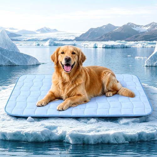 JOLLYVOGUE Cooling Mat for Dogs, X-Large Dog Cooling Pad, 44"x32", Blue | Lightweight & Breathable, Nylon-Spandex Blend Cover, Down Alternative Fill, Wavy Quilted, Non-Slip Back, Machine Washable - size: X-Large: 44"x32"