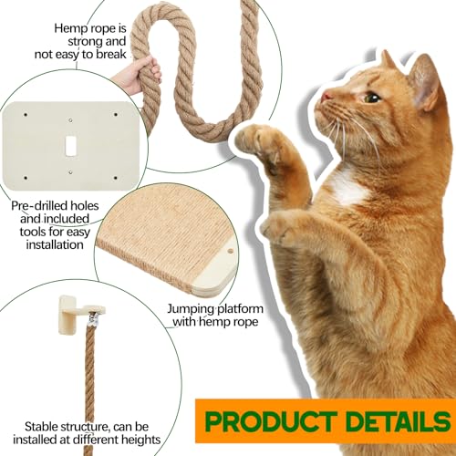 Weysat 2" x 4.92 ft Cat Climbing Rope with 2 Jumping Platform Wall Mounted Thick Jute Cat Scratching Post Furniture Wall Climbing System for Kittens & Large Cats(Wood,Regular) - color: Wood, style: Classic