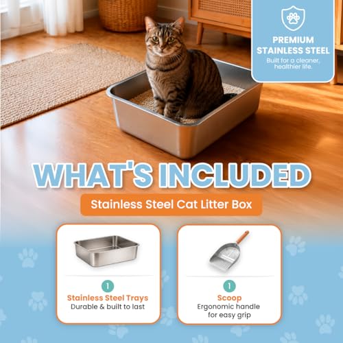 Stainless Steel Cat Litter Box with Scoop, 17.5 x 14 x 6 in – Heavy Duty Metal Litter Pan with High Sides for Medium Cats and Kittens