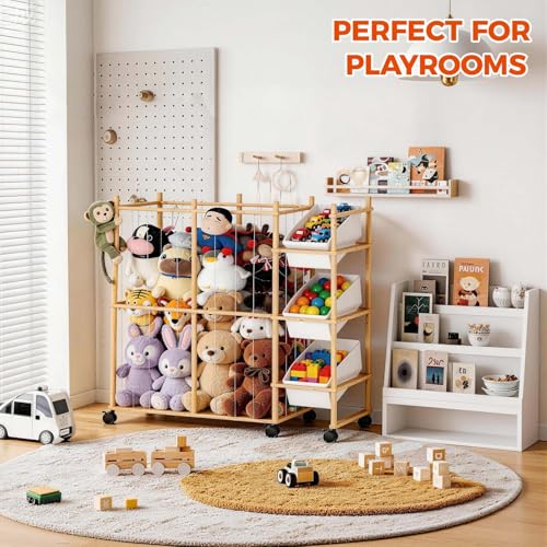 Toy Storage Organizer with 3 Removable Bins, Kids Storage Toy Shelf Organizer for Stuffed Animal Holder for Bedroom Playroom Nursery | Wood & White