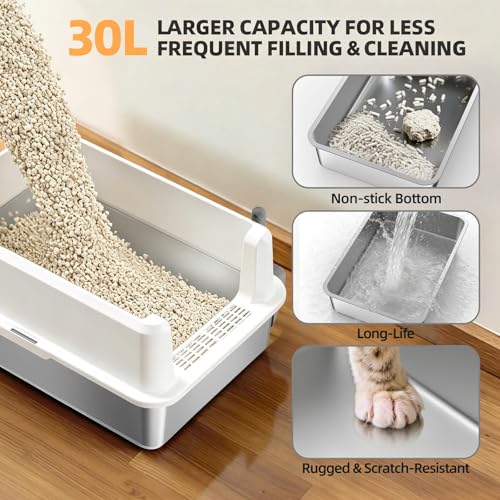 WoofiGo XXL Stainless Steel Cat Litter Box, High Sided Open Top Litter Pan | Anti-Urine Leakage Design, Spacious Interior for Big Cats, Non-Stick, Odor Resistant, Easy Clean, Scoop Included (White) - color: 24 - White (Pack of 1)