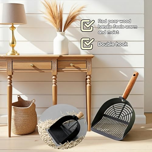 Chinshwehaw Premium Stainless Steel Cat Litter Scoop-Triple Guard Walls&Non-Stick Design,Silver,Flat Shovel Head Design Solid Deep Edge Wood Handle,Dual Hooks 1Pack,6.1x5.3inch (Black Long Strip) - color: Black