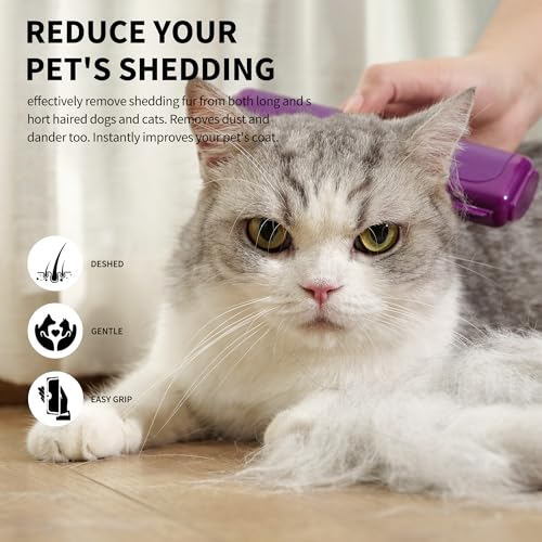 Dog and Cat Deshedding Brush, Purple | For dog and cat grooming, replaceable shedding blade, helps remove loose fur from short and medium coats - color: Purple