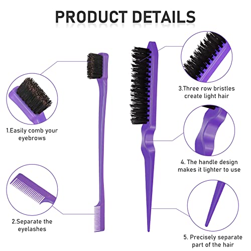12 Piece Nylon Brushes Set for Grooming - Salon Teasing Brush, Double-Sided Edge Brush, Smooth Comb, Rat Tail Combs with Duckbill Clips for Women and Girls (Purple, Black) - color: Purple, Black