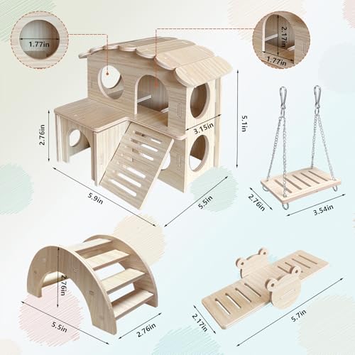 LOS ANDES Hamster Maze Double-Decker Wood House, Seesaw Toy, Bridge and Swing for Dwarf Gerbil Mouse Mice Rat Small Animals(Only for Small Hamsters)