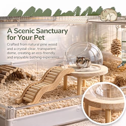 Hamster Sand Bath Container with Clear Dome, Anti-Scatter Dust Box for Dwarf Hamsters, Syrian Hamsters & Gerbils, Easy-Entry Small Pet House (Small) | Sand bath for hamsters, anti-scatter clear dome, curved ladder, scoop included for dwarf, Syrian hamster