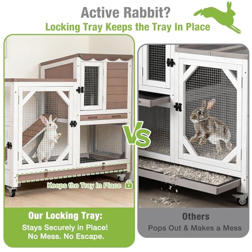 Gutinneen 2-Story Rabbit Hutch Bunny cage Wooden Rabbit Cage Indoor/Outdoor with Chew-Proof Ramp, 2 Leak-Proof Pull-Out Trays, Lockable Wheels for Rabbits, Guinea Pigs, Small Animals (Brown and White)