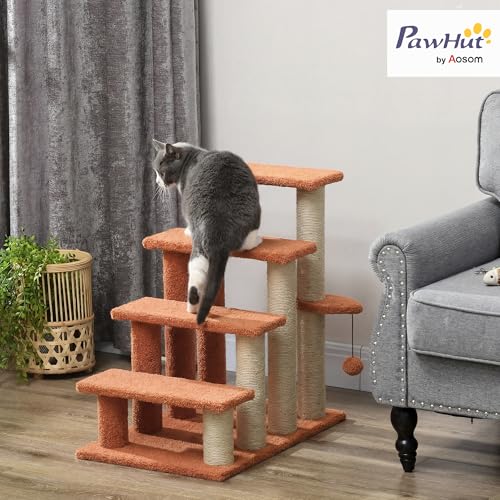 PawHut 4 Levels Cat Steps, Pet Stairs Carpeted Ladder, Kitten Tree Climber with Scratching Posts, Hanging Play Ball, Side Step, for High Bed, Sofa, Brown | Kitten Tree Climber, Scratching Posts, Hanging Play Ball, Side Step, for Sofa - color: Brown