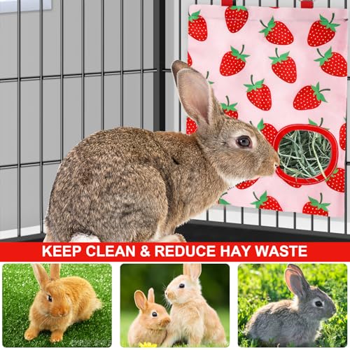 JarThenaAMCS 2Pcs Rabbit Hay Feeder Bag with 2 Holes Pink Strawberry Guinea Pig Hanging Hay Feeding Bag Storage Dispenser for Chinchilla Hamster Bunny Small Animal Pet