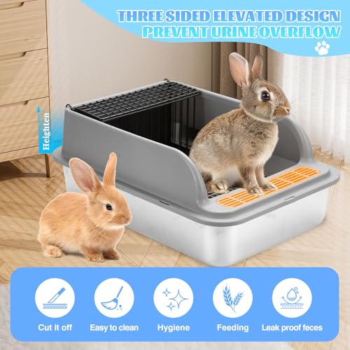 Stainless Steel Rabbit Litter Box w Hay Feeder and Litter Scoop, 23.62 x 15.75 x 7.9 Inch Large Litterboxes w Raised Grid, High Sided Kiter (XX-Large) - size: XX-Large