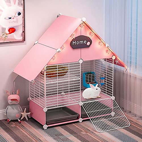 DuvinDD 2-Story Small Rabbit Cage Indoor Bunny Hutch with 2 Deep Pull-Out Trays and Urine Guard, Guinea Pig Cage Metal Wire Netting Villa, Small Animals House for Ferret, Chinchilla, Hedgehog - color: Pink