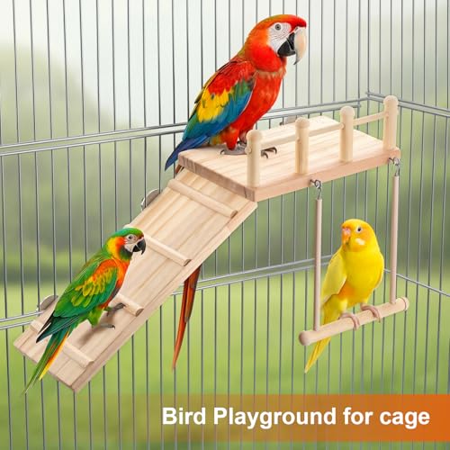 Wooden Bird Habitat Platform with Swing and Ladder - Sturdy Long Tailed Parrot cage Accessory, Suitable for Exercising and Entertaining Bird Games Gym - Perfect for Parrots, Canaries, Sparrows - size: 1