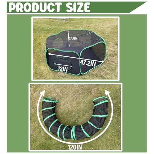 Pawtenda 2-in-1 Cat Tent & Enclosure Outdoor, Foldable Playpen with Tunnel | Portable Catio for Outside, Pop-Up, Breathable Tear-resistant Mesh and sturdy frame, for Cats and Other Animals - color: Green