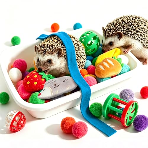 Hedgehog Toys & Accessories, Enrichment Toy Set with Dig Box & Balls | Plush Balls & Fabric Strips, Hedgehog Cage Accessories, Dig Box Toy, Digging Activities, Small Animal Enrichment
