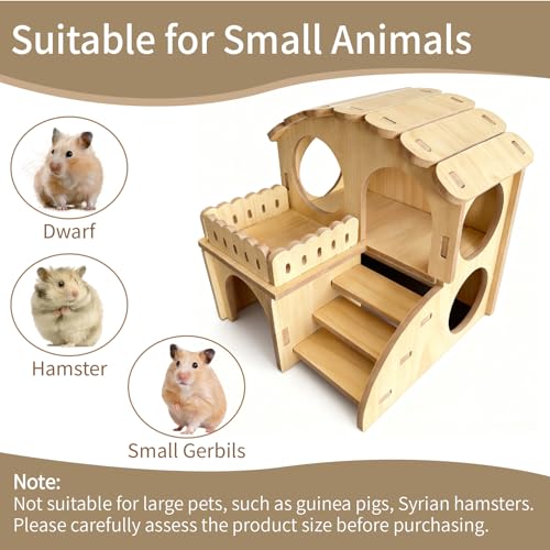 Wooden Hamster Hideout - Wood Hamster Hide House with Ladder Platform Small Pet Hut Habitat Detachable Hamsters Maze Cage Accessories for Dwarf Rat Gerbils Mouse and Other Tiny Animals