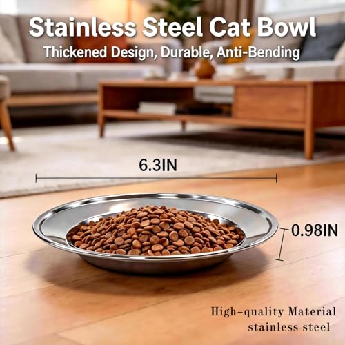 4-Pack Stainless Steel Cat Bowls, 6.3” Shallow Cat Bowl, Whisker-Friendly to Help Reduce Whisker Fatigue, Thickened & Durable Cat Dishes for Cats and Kittens, Dishwasher Safe