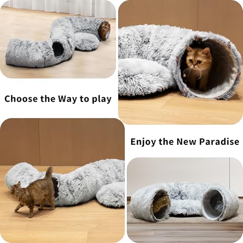 Cat Tunnel Bed for Indoor Cats with Washable Cushion Cat Cave Donut Tunnel with Fluffy Ball Big Round Tube Pet Playground Toys Soft Plush Peekaboo for Kitten, Cat, Puppy, Rabbit, Ferret - color: Grey