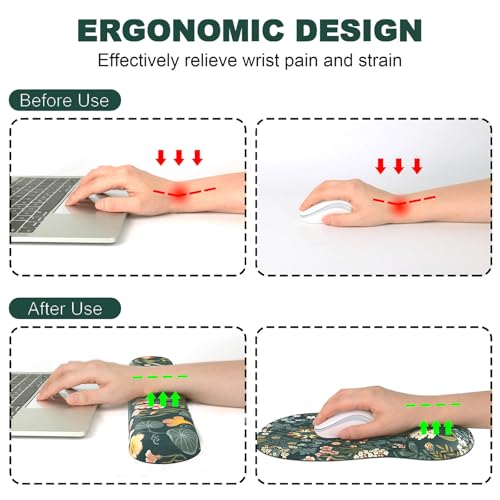 Ergonomic Mouse Pad with Wrist Rest and Keyboard Wrist Rest, Gel Mousepad | Wrist Rest for Computer Keyboard, Pain Relief, Non-Slip PU Base, Mouse Pad Wrist Support for Gaming, Office, Green Flower - color: Green Flower