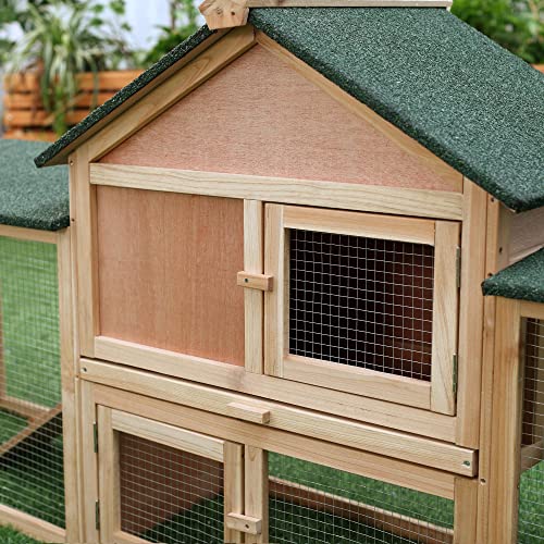 PawHut 83" L Outdoor Rabbit Hutch with Double Runs, Large Guinea Pig Cage Indoor, Wooden Bunny Hutch with Weatherproof Roof, Removable Tray, Ramps, for Rabbits, Chickens, Ducks, Natural - color: Natural