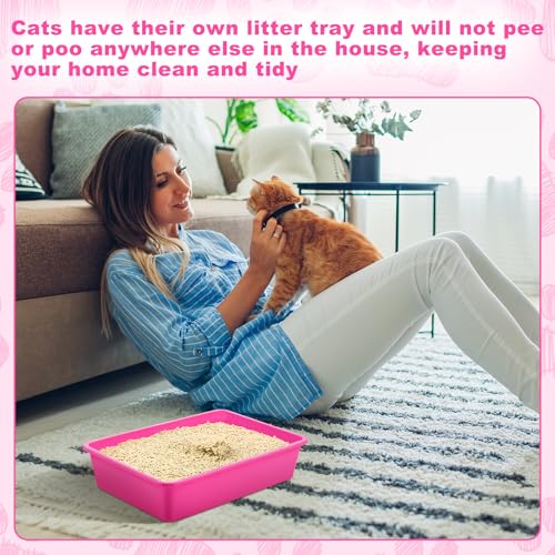 Amyhill 5 Pcs Open Cat Litter Box Kitten Litter Pan with 5 Scooper Medium Plastic Pet Tray Durable Nonstick Kitten Box for Indoor Pets Cats Rabbit Supply Easy to Clean, 14.6x10.6x3.4 Inch (Pink) - color: Pink