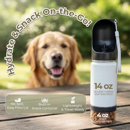 Mon Chateau 14oz Portable Dog Water Bottle with 4 oz Snack Storage, Double Walled Stainless Steel Body, Leak-Proof, Dishwasher Safe Pet Travel Bottle for Dogs, Cats & Outdoor Use, White | 4oz Snack Compartment, Double Walled Stainless Steel, Leak-Proof, D