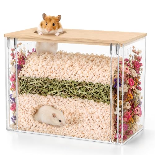 Fully Detachable Hamster Digging Box, Removable Acrylic Panels & Wooden Lid, Extra Deep Clear Panoramic Burrow, Dual-Side DIY Habitat, L Size for Syrian Hamsters, Gerbils, Degus - size: L(11.42''8.07''7.68)