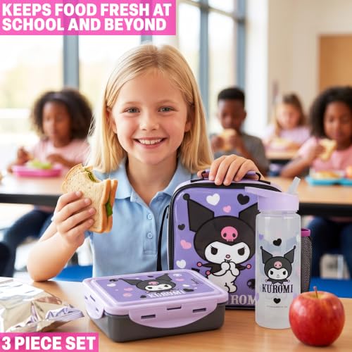 Get Trend Kuromi Girls Lunch Box 3Pc Set | Kids Insulated Lunch Bag with BPA-Free Water Bottle and Bento Box, Back to School Kawaii Gifts for Girls - color: Black/Purple Kuromi