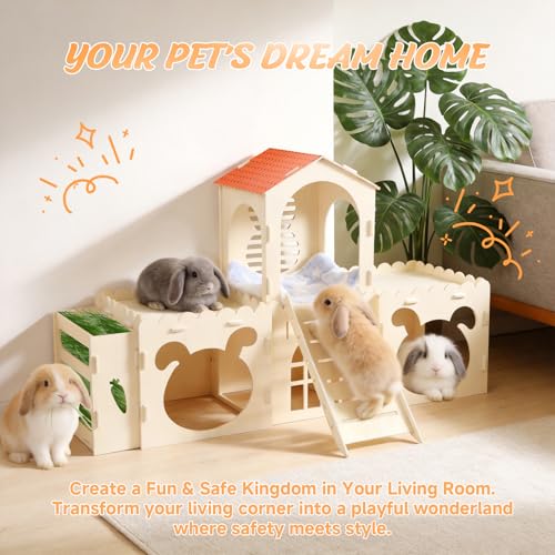Extra Large Rabbit Castle with 2 Soft Fleece Mats, Upgraded 0.5cm Thicker Wooden Bunny Hideout, Indoor Small Animal House and Habitat for Guinea Pigs, Chinchillas, Vibrant Orange Roof Design