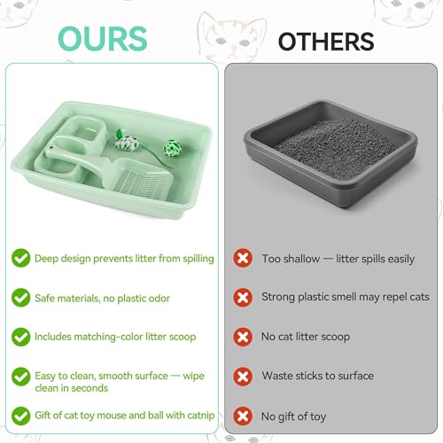 Pawise Newborn Small Cat Litter Box Kit for Kittens – 5‑Piece Kit with Shallow Cat Litter Pan, Feeding Bowls, Scooper, Kitten Starter Kit Mouse Toy, 14.5x10.5 Inches, Green - color: green