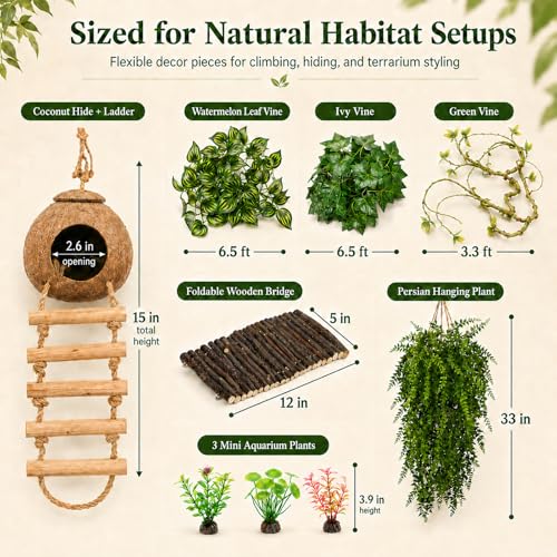 RUNANIA Crested Gecko Tank Accessories，Reptile Vines Plants with Coconut Shell Ladder Hideout Hermit Crab Decor for Leopard Gecko Lizard Chameleon Tortoise Snake Terrarium Decor