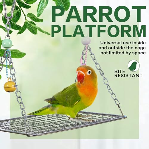 Bird Perch Platform Stainless Steel,Bird Swing Perch with Bell,Bird Swing for Parakeets,Interactive Rocking Parakeet Toy, for Cockatiel, Conure, Budgie(7.8"x5.9"Stainless Steel)