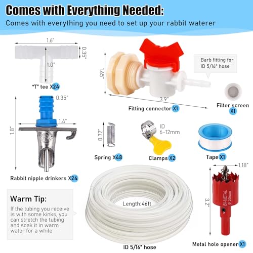 Automatic Rabbit Watering System, Gravity Fed Rabbit Waterer Kit | Rabbit Water Dispenser Includes 24 Sets of Rabbit Water Nipples Drinkers and 46 Feet of ID 5/16" Hose - size: 24 pcs