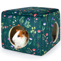 Bienbee Guinea Pig Hideout, Washable Plush House for Small Animals | Guinea Pig House with 2 Wide Entrances, Removable Mat and Non-skid Bottom,Warm and Cozy for Small Pet's Resting and Hiding - color: Green Flowers
