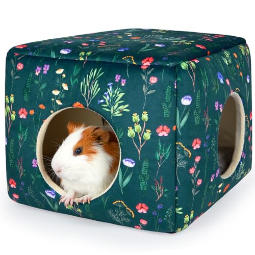 Bienbee Guinea Pig Hideout, Washable Plush House for Small Animals | Guinea Pig House with 2 Wide Entrances, Removable Mat and Non-skid Bottom,Warm and Cozy for Small Pet's Resting and Hiding - color: Green Flowers