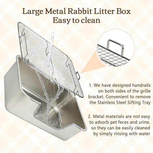 Rypet Large Stainless Steel Rabbit Litter Box Set for Small Animals | High Sides & Low Entry, 304 Stainless Steel Sifting Tray, Bowl and Bottle Included, Non-Slip, Easy to Clean, Odor Control - size: M(17.7" × 13.8" × 5.9")