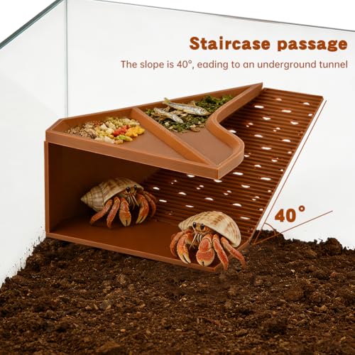 Hermit Crab Cave Habitat with Climbing Tunnel, 2-in-1 Cave Shelter & Feeding Dish, Textured Climbing Ramp & Viewing Window, Reptile Tank Accessories for Turtles, Lizards(Brown)