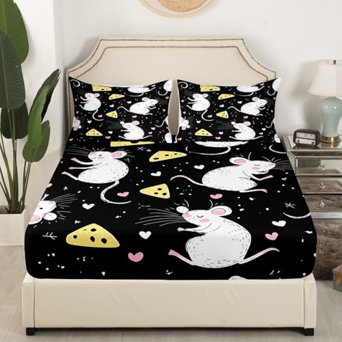 Erosebridal Kids Rat Bed Sheets Twin Mouse Rodents Sheet Set Kawaii Cute Cartoon Animal Bedding Set for Boys Girls Children Funny Wildlife Animal Fitted Sheet Cheese Food Flat Sheet, Black - color: Multi 10, size: Twin
