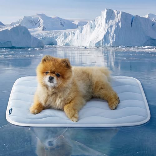 Bedsure Cooling Mat for Small Dogs,Washable Breathable QMax>0.4 Cool Fiber | 24x18In Gel-free Cool-to-touch Fabric to Rapid Cooling,Cold Crate Pad Indoor for Pet,Portable Thin Kennel Mat as Topper,Blue - color: Blue, size: 24" x 18" (Small)