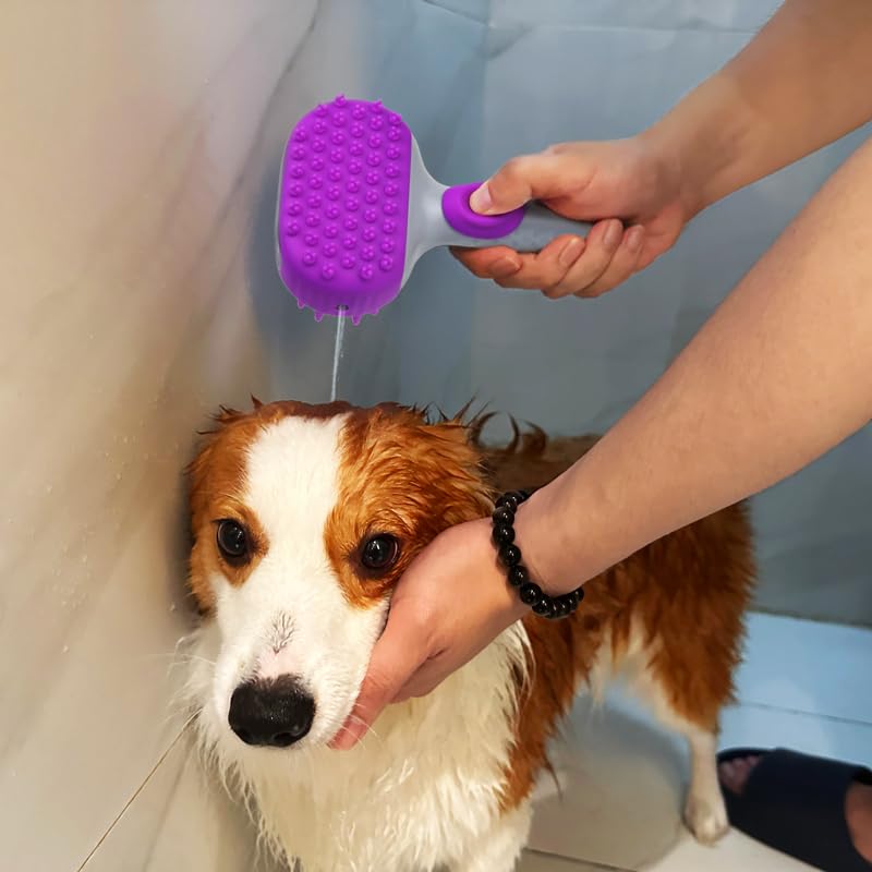Pet Dog Bath Brush, 2 in 1 Silicone Brush Bathing Grooming Massage Brush with 6.8oz Shampoo Dispenser for Long & Short Haired Dogs Cats Shower
