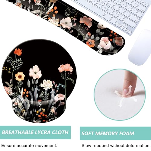 Keyboard Wrist Rest Pad Mouse Pad with Wrist Support Set of 3, Mousepad with Non-Slip Rubber Base, Ergonomic Memory Foam Mouse Wrist Cushion Support for Home Office Laptop Computer, Flower Black - color: Flower Black