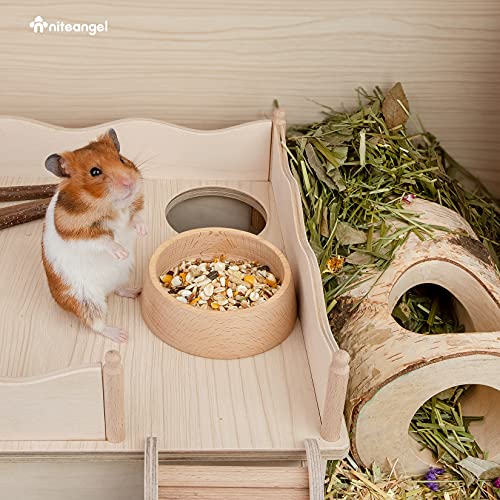 Niteangel Wooden Hamster Food Bowl: Beech Stable & Hammy Pattern for Syrian | Prevent Oil & Dust Small Animal Feeding Dish for Dwarf Syrian Hamsters Gerbils Mice Degus or Other Similar-Sized Small Pets - size: For Syrian