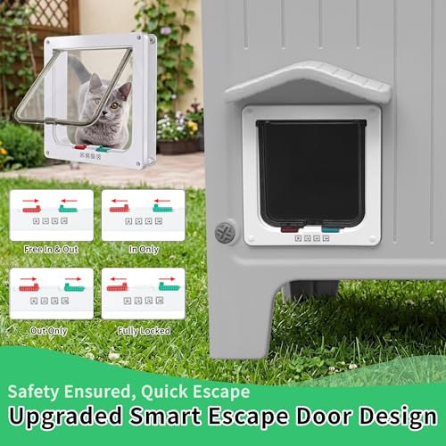 Rockever Cat House with Escape Door, Easy Clean Elevated Waterproof Shelter | Outdoor indoor breathable comfortable cat home, all-season refuge shelter for feral cats, with Heated Pad, Grey M - style: Medium