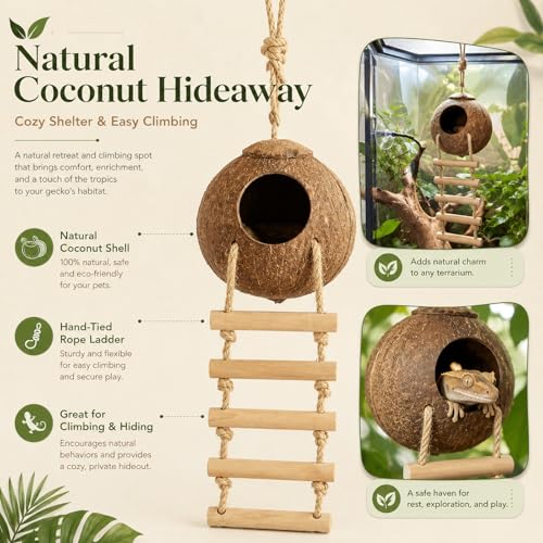 RUNANIA Crested Gecko Tank Accessories，Reptile Vines Plants with Coconut Shell Ladder Hideout Hermit Crab Decor for Leopard Gecko Lizard Chameleon Tortoise Snake Terrarium Decor