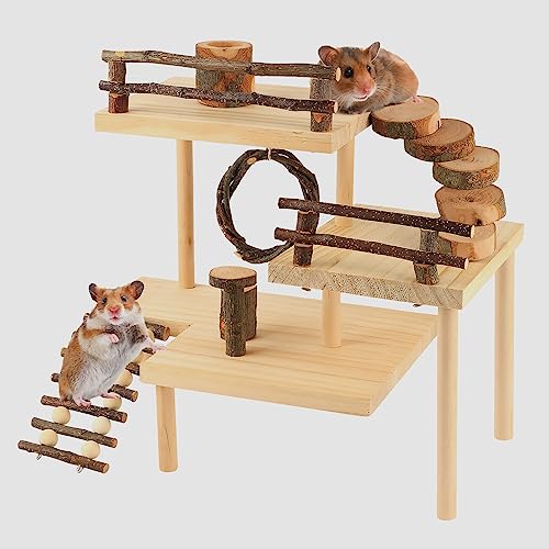 Hamster Climbing Toys 3-Tier Extra Large Hamster Playground Natural Wooden Small Animal Platform Toys Hamster Exercise Activity Climbing Platform with Bridge for Gift